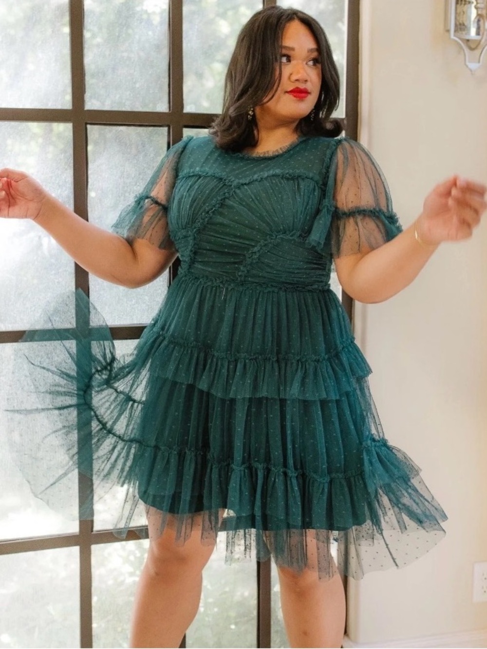 Ivy City Co. Tiered Tulle Hunter Green Swiss Dot Whimsical Romantic 5X NWT